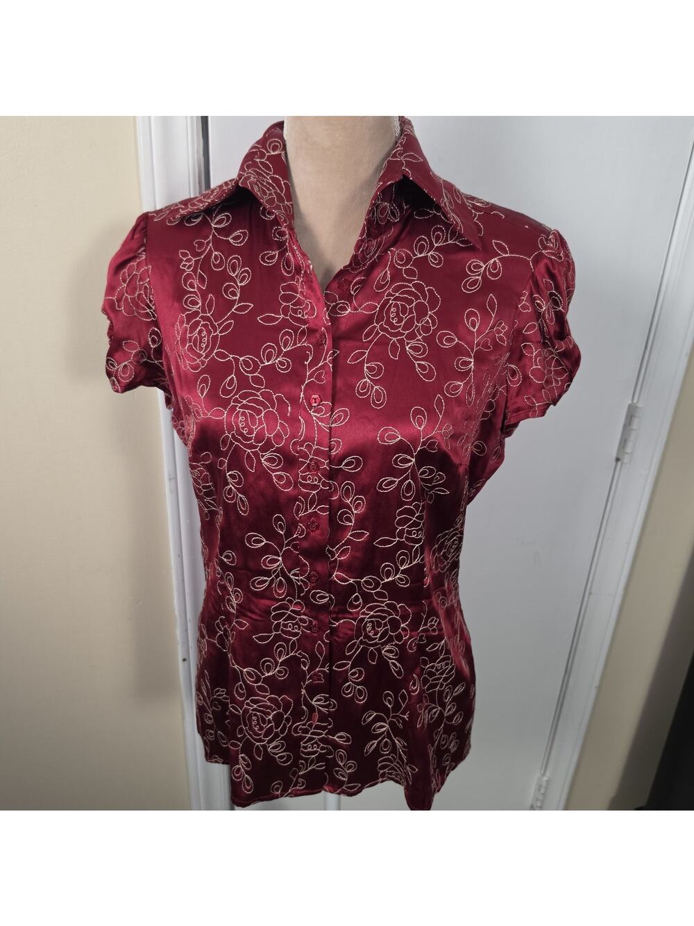 Vintage Y2K Bebe Red Silk Puff Sleeve Button Down Blouse Top Sz L Whimsigoth